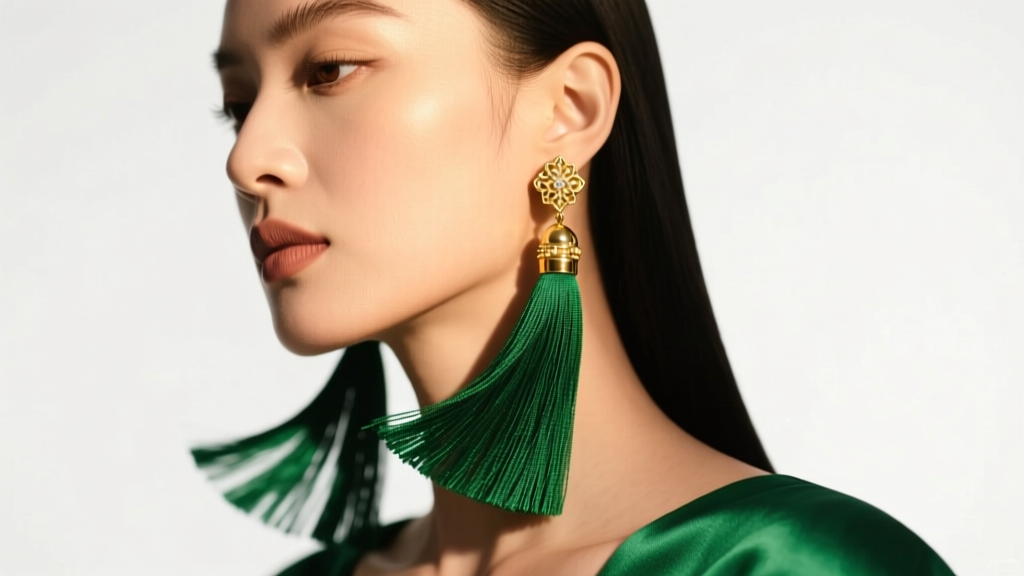 Close-up of a model wearing long, emerald-green silk thread tassel earrings with 14k gold caps, studio lighting, elegant profile