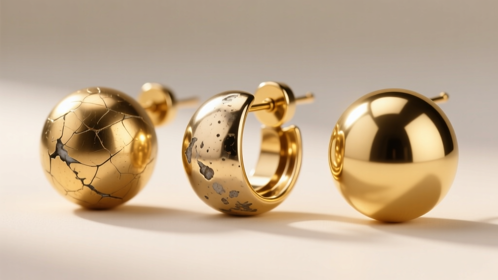 Three gold earring balls aligned: a scratched plated brass ball, a worn vermeil piece, and a pristine solid 18k gold ball for close