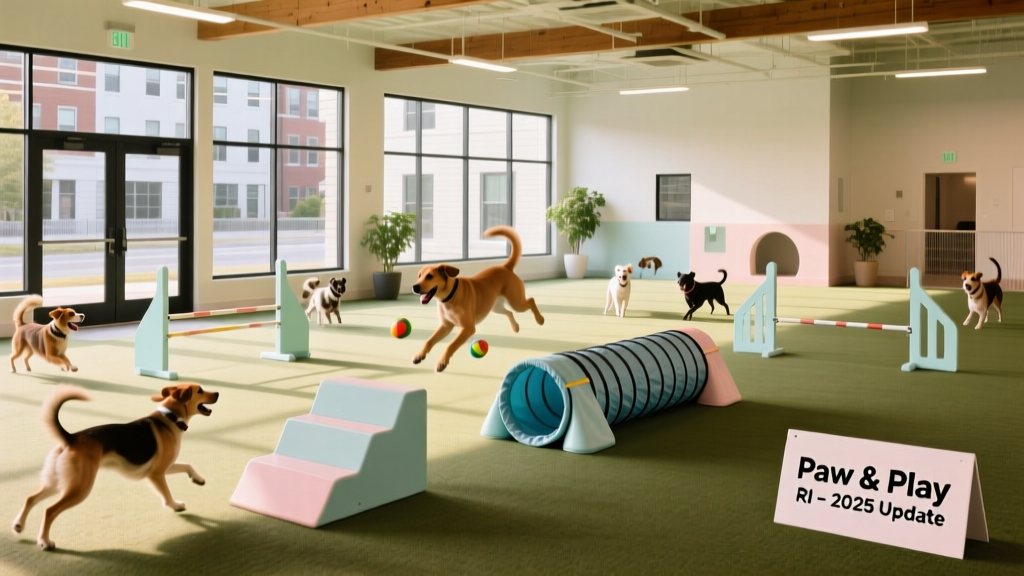 A cheerful, spacious indoor dog park with dogs playing, agility equipment, and clean flooring