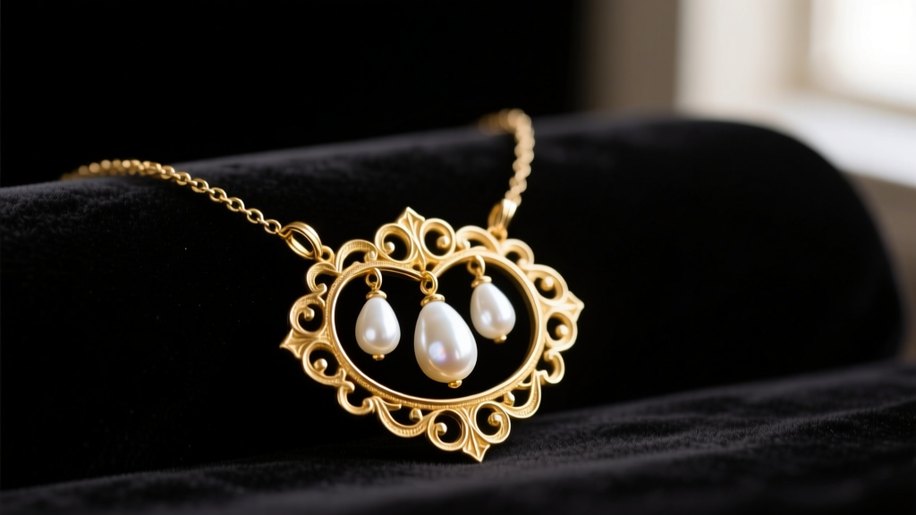 Close-up of a Tudor-style Anne Boleyn gold vermeil B pendant necklace with three white freshwater pearl drops resting on dark velvet.