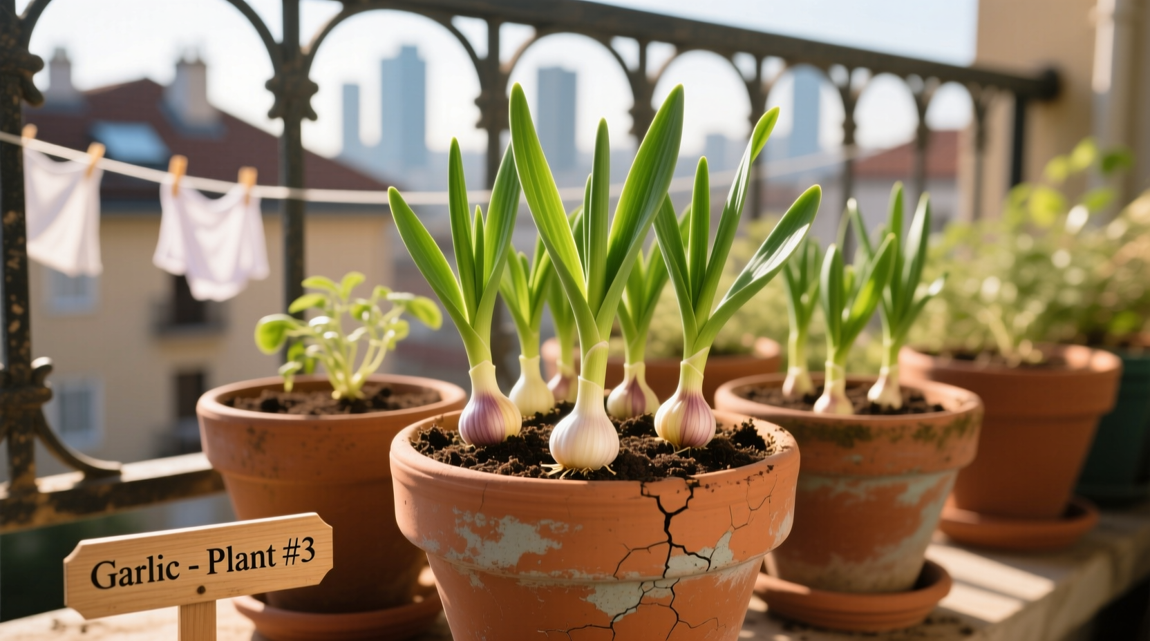 Garlic plants growing in terracotta pots on a sunny balcony