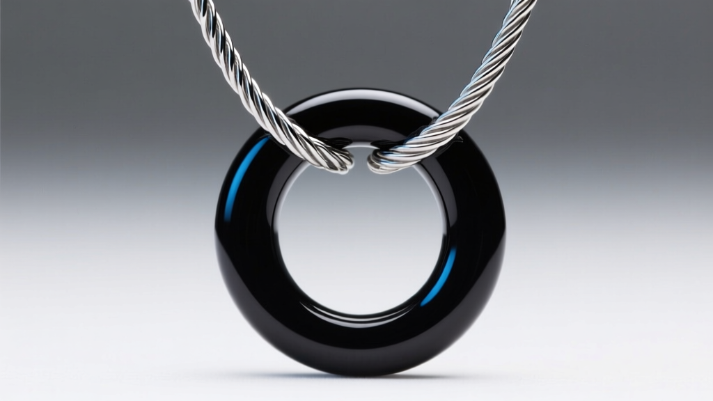 Close-up of a steel cable chain threaded through the loop of a matte black enameled Blohsh pendant under bright studio lighting