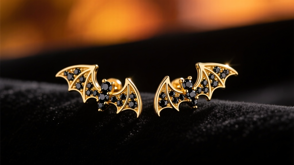 Macro shot of 14k yellow gold bat stud earrings with pave black diamond wings on dark velvet under moody autumn lighting