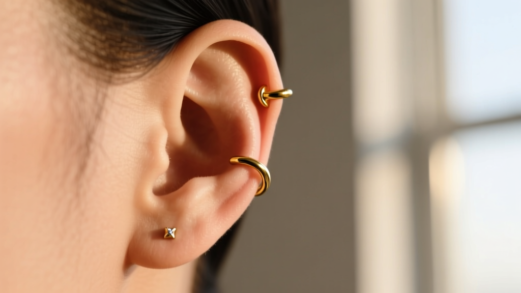 Profile of an ear showing a gold daith clicker and a tiny tragus stud, photographed against a softly blurred neutral background.