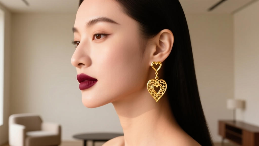 Side profile of a woman wearing medium 14k gold chand earrings that perfectly frame a heart-shaped face during a festive evening.