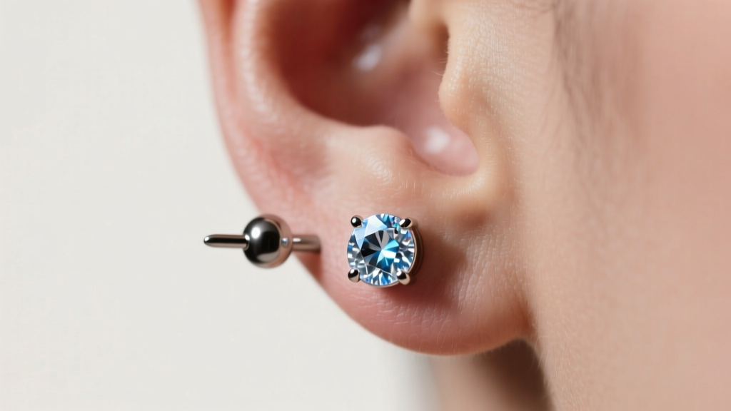 Side profile of a 16-gauge titanium flat-back labret earring with bezel-set moissanite, showing secure athletic fit on an earlobe