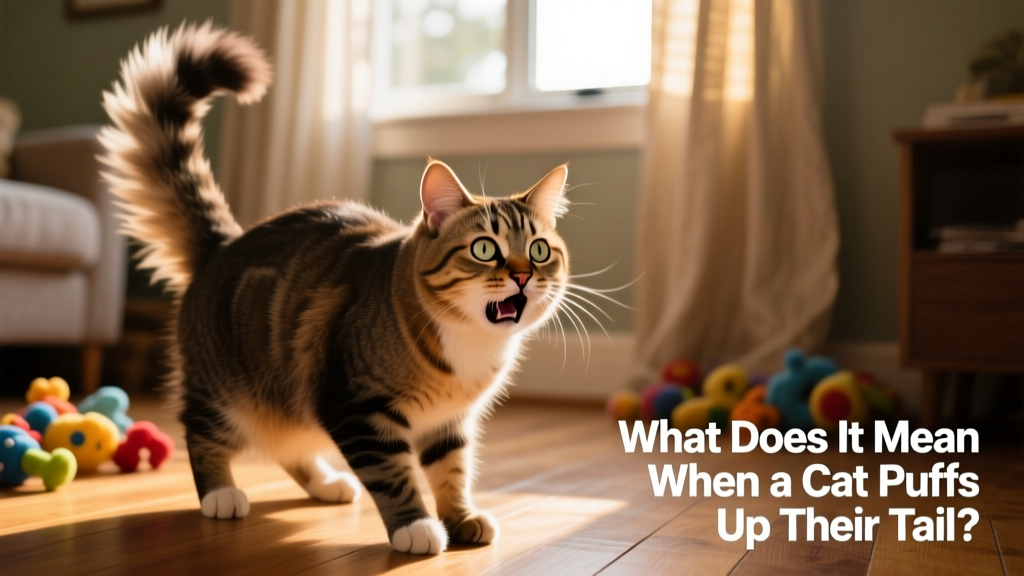 A fearful-looking cat with an arched back and puffed-up tail, crouched low to the ground