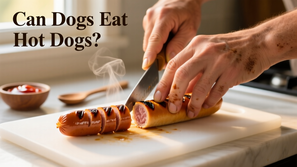 Close-up of hands cutting a cooked hot dog into small, uniform 1/4-inch-thick pieces on a clean cutting board