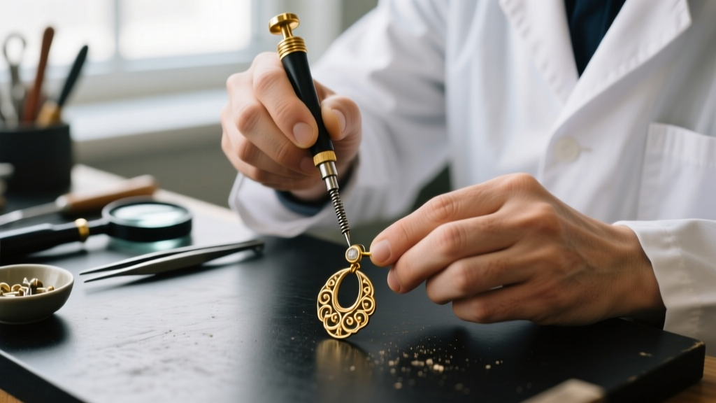 Jeweler using a micro-screwdriver to adjust the tension screw on a heavy 1960s gold-tone vintage clip earring on a workbench