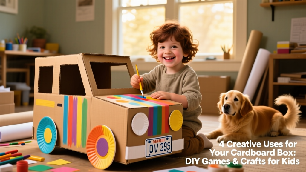 Child smiling while decorating a cardboard box car with paint and paper plates