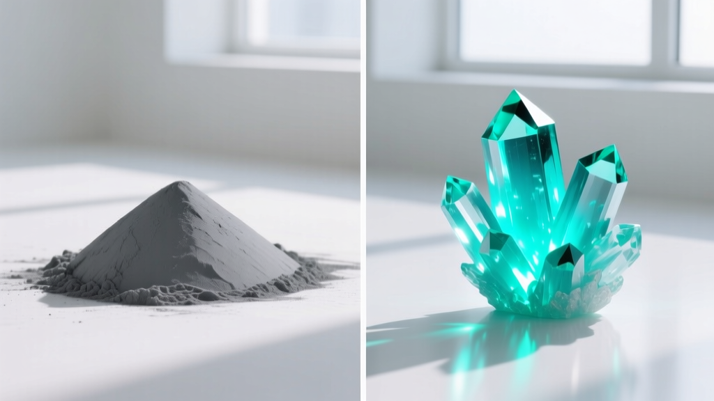 Split-screen showing dull zinc sulfide pigment on the left and vibrant europium-doped strontium aluminate crystals on the right