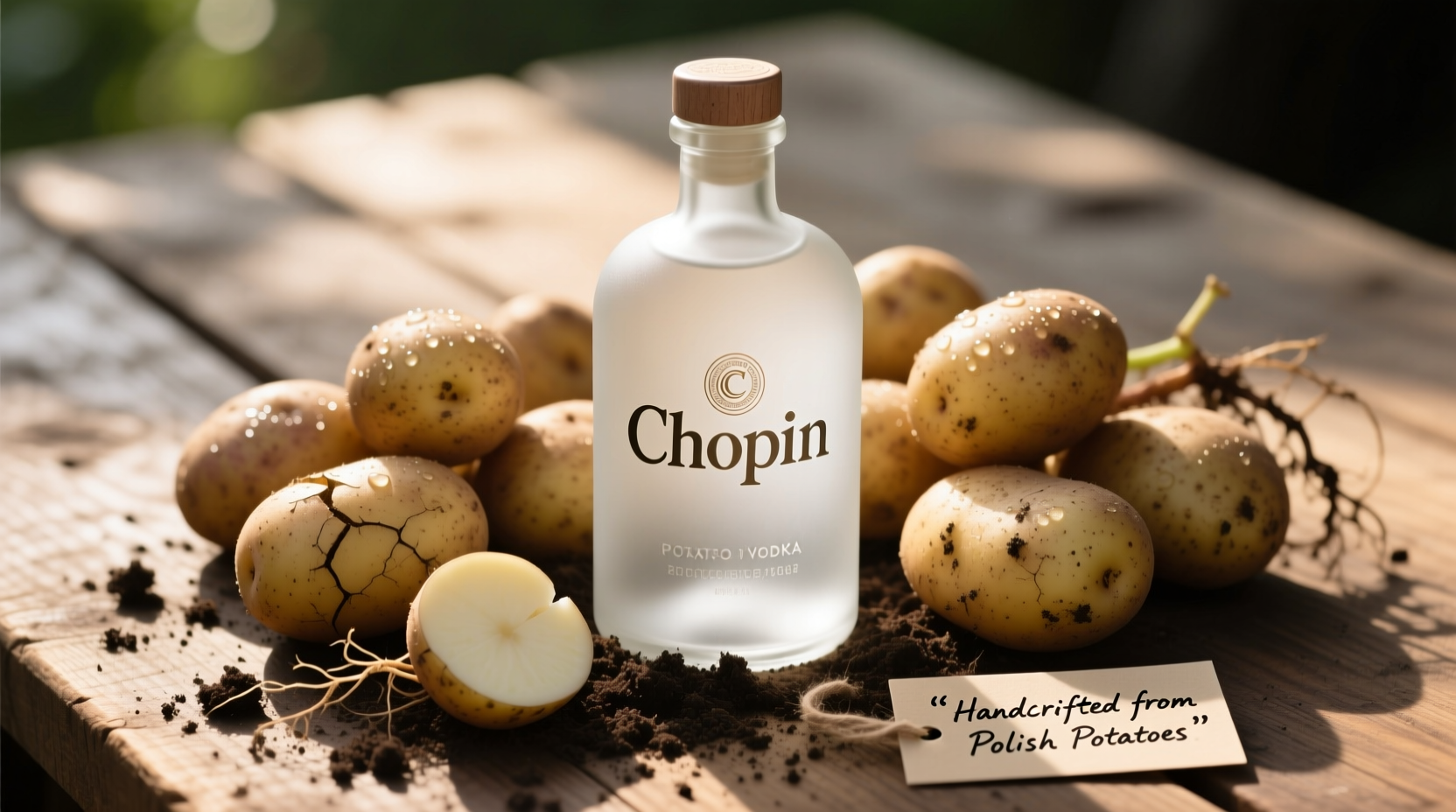 Chopin Potato Vodka bottle with fresh potatoes