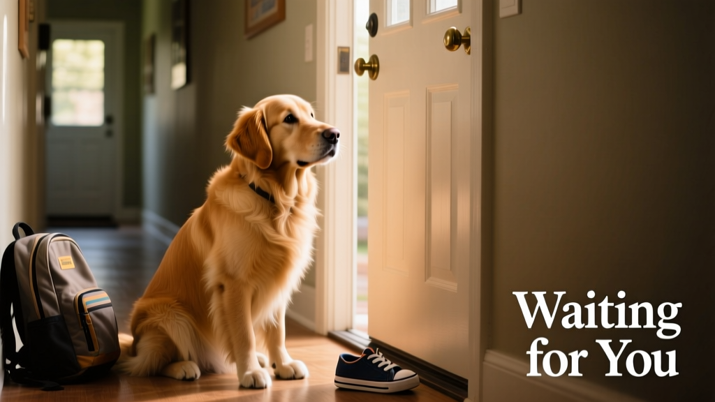 Beau sitting quietly by the front door, ears perked and eyes fixed on the doorway