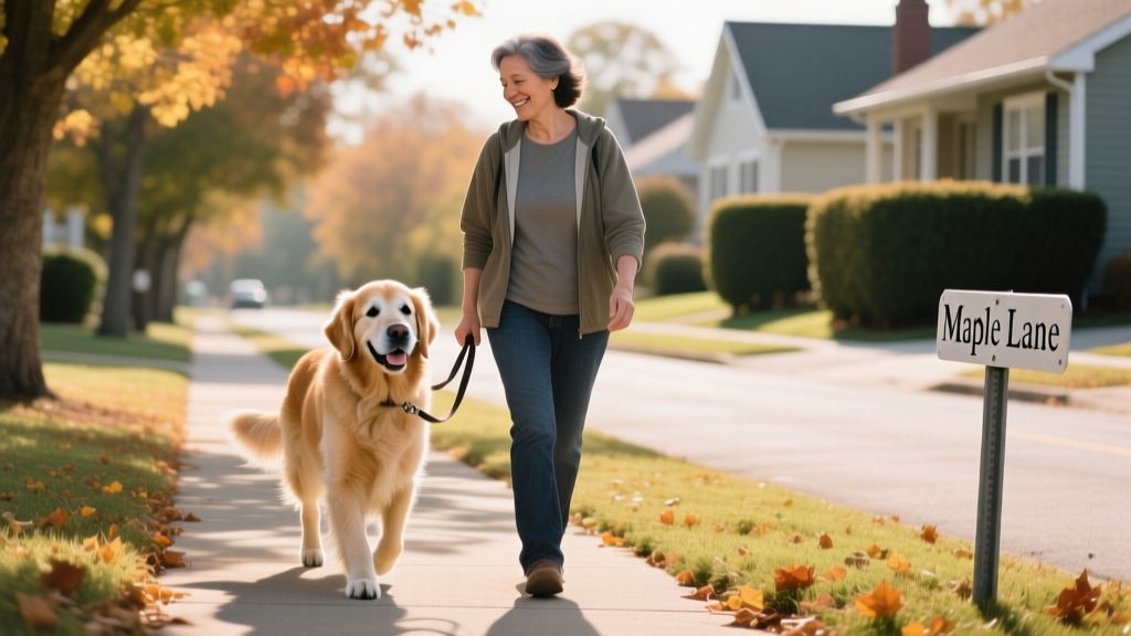 Senior dog happily walking on a leash beside owner along a quiet neighborhood path