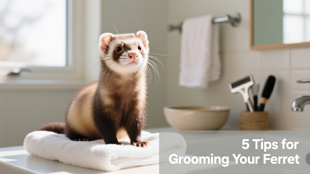 Happy ferret sitting on a clean towel after a gentle grooming session, looking relaxed and well-cared-for
