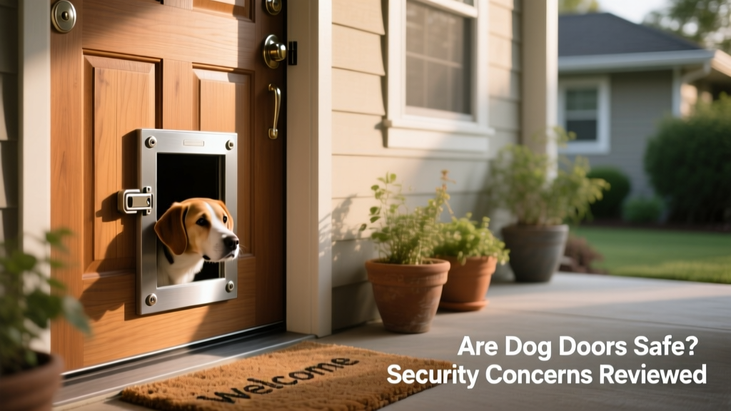 A modern, weatherproof dog door installed in a sturdy exterior door with a locking mechanism visible