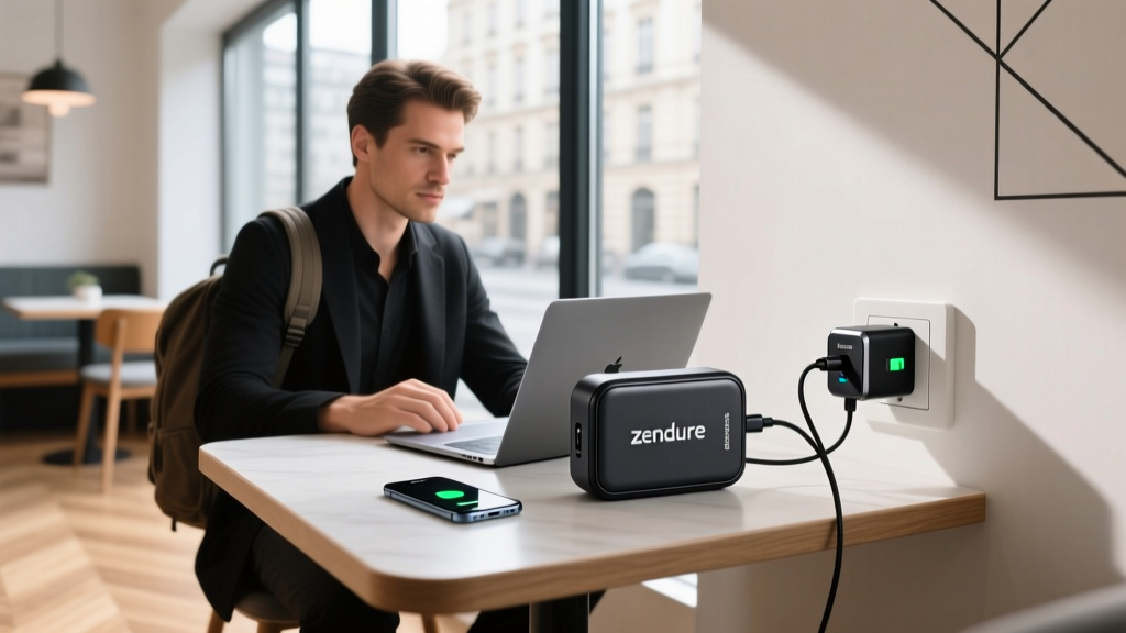 Traveler plugging a Zendure Passport IV GaN adapter into a European wall outlet while charging a laptop and smartphone simultaneously