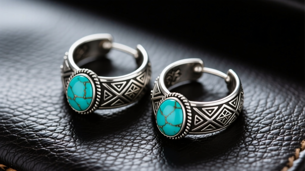 Macro shot of 925 sterling silver western hoop earrings with stamped patterns and a turquoise cabochon on dark leather