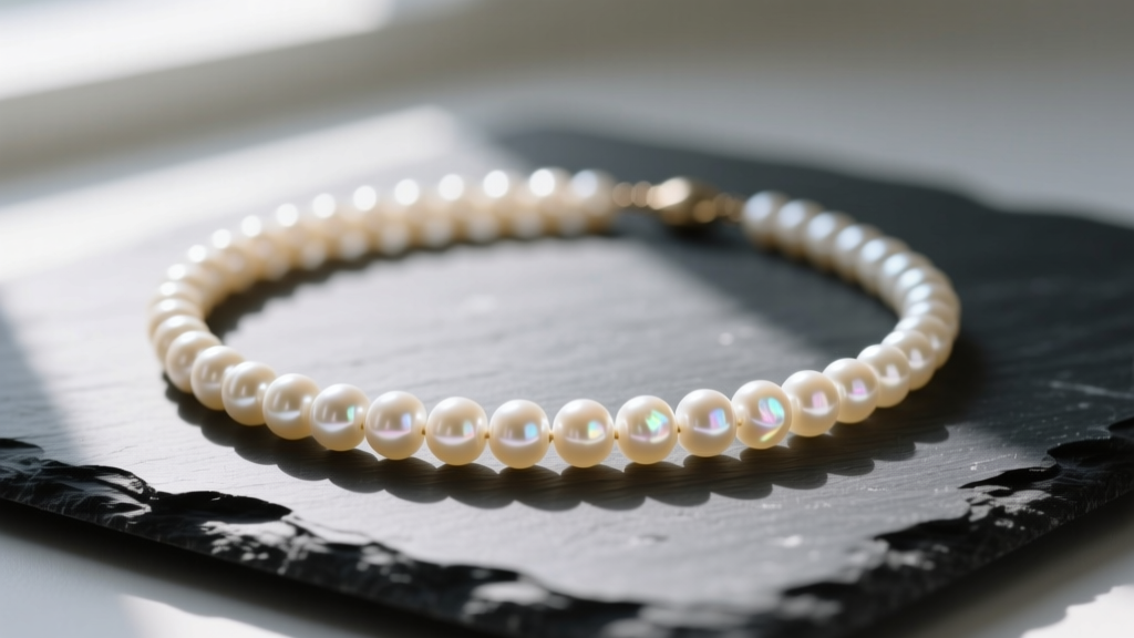 Vintage old pearl necklace with cream nacre resting on dark slate in soft natural window light, photographed with a macro lens.