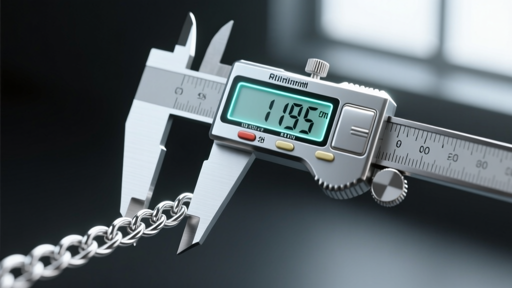 Close-up of a digital caliper measuring the wire gauge of a silver rope chain link against a softly blurred dark background