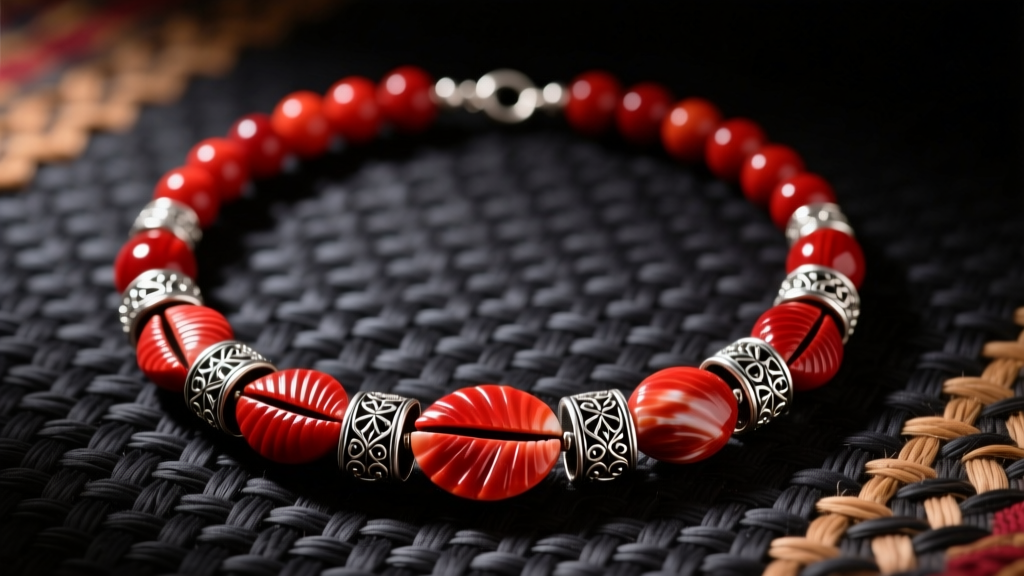 Red Spondylus shell beads and sterling silver filigree spacers in a Peruvian necklace, resting on a dark woven textile background.