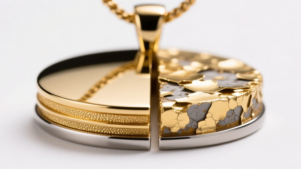 Microscopic cross-section of PVD gold coating on a stainless steel pendant base next to peeling electroplated gold on brass