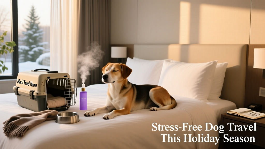 Dog relaxing on a hotel bed beside a familiar-looking travel crate and a lavender-scented spray bottle nearby