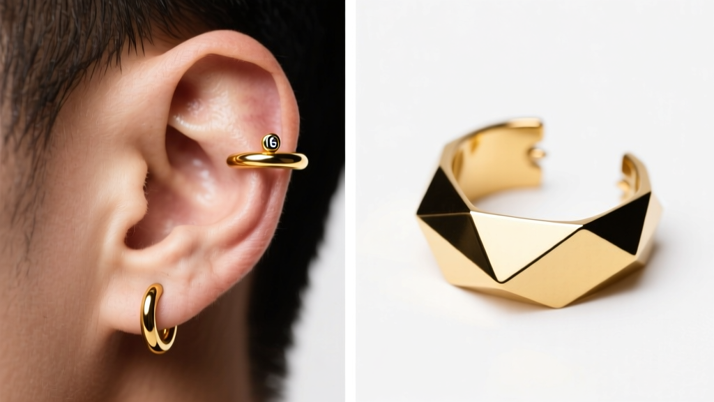 Split-screen graphic showing a male ear styling guide with a 16-gauge gold helix hoop and a geometric asymmetrical lobe cuff.