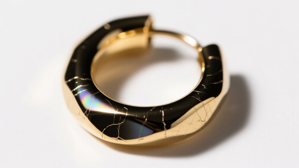Close-up of an 18-gauge black rhodium plated gold huggie earring, showing the deep gunmetal reflection under warm studio lighting