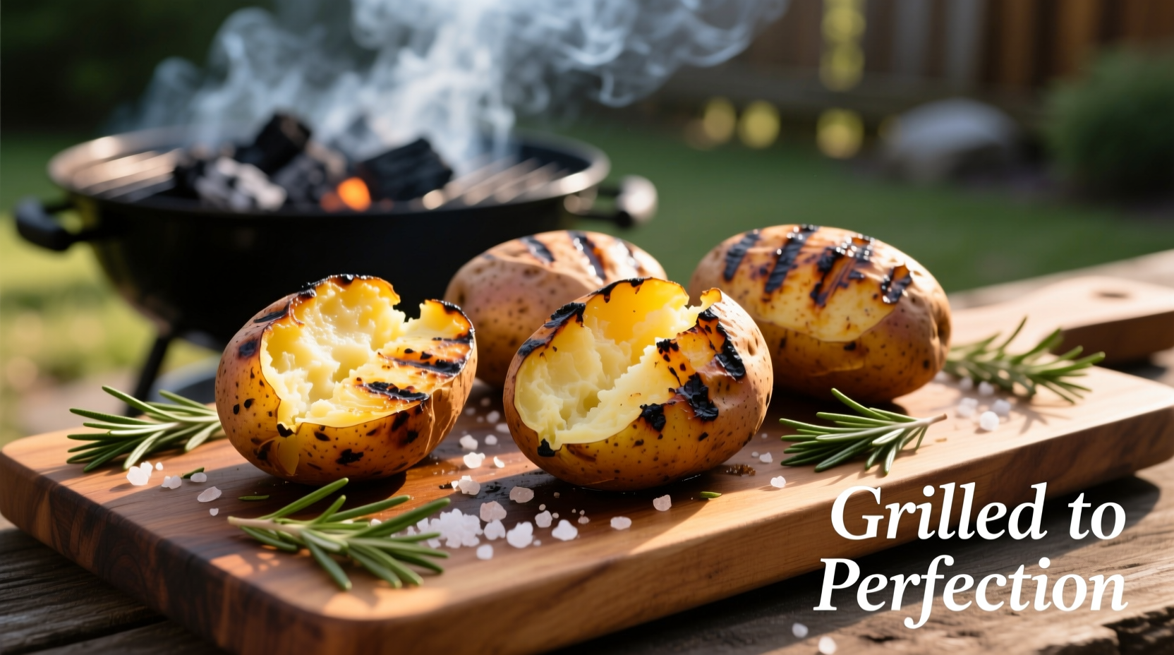 Russet potatoes ready for grilling on charcoal