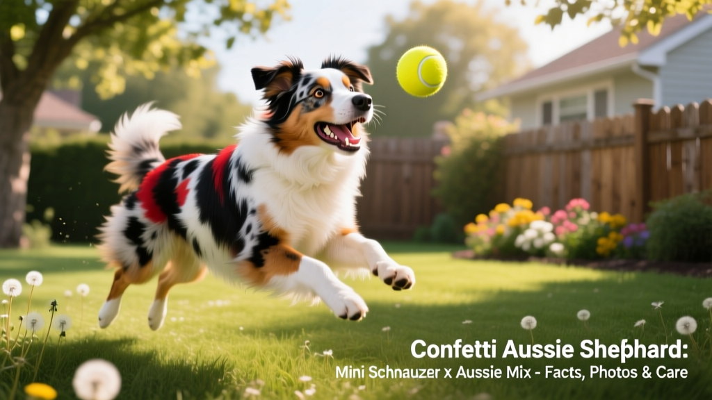 An adult Confetti Australian Shepherd playing fetch in a sunlit backyard, showcasing athleticism and joyful expression