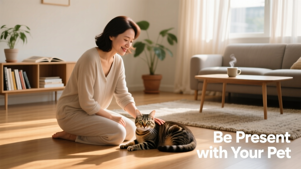 A calm, friendly sitter kneeling beside a relaxed cat on a sunlit living room floor