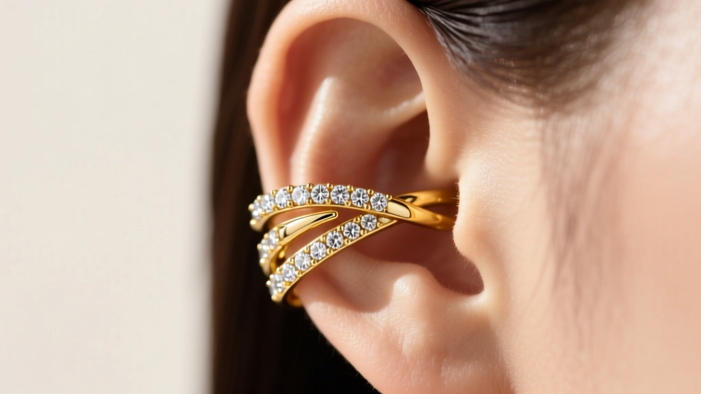 Macro shot of a diamond tennis ear cuff wrapping the cartilage, crafted in 18k yellow gold with pave-set round brilliant stones.