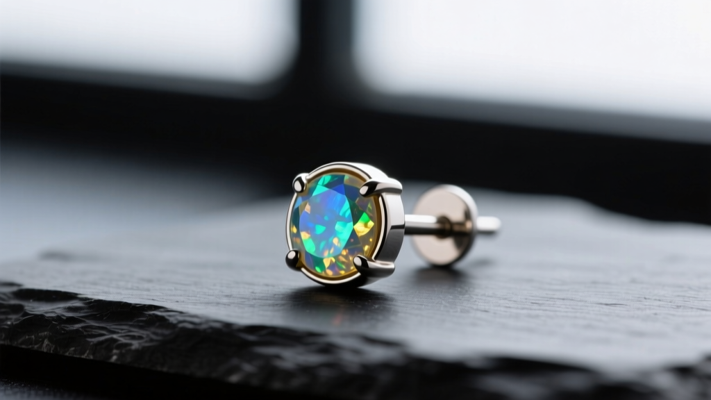 Macro shot of an implant-grade titanium 18-gauge flat back labret earring with a bezel-set opal, resting on dark slate