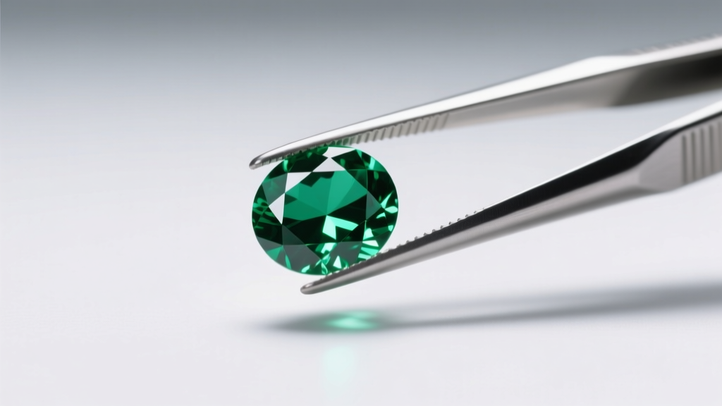 Two carat oval cut Zambian emerald loose stone held in stainless steel tweezers against a stark white grading background in a lab
