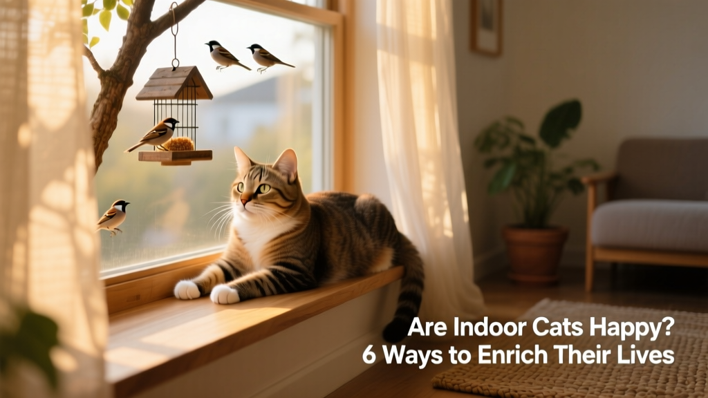 A relaxed indoor cat lounging on a sunny windowsill with a bird feeder visible outside