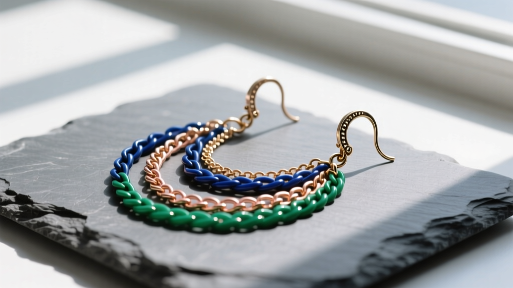 Flat lay of multi-chain gypsy earrings on slate, showing tiny soldered jump rings and a delicate connecting cartilage ear cuff.