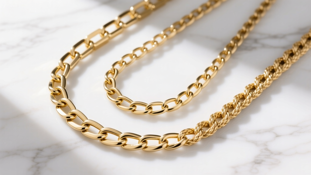 Overhead view of a solid 14k gold rope chain, box chain, and curb chain on white marble, highlighting distinct link textures.
