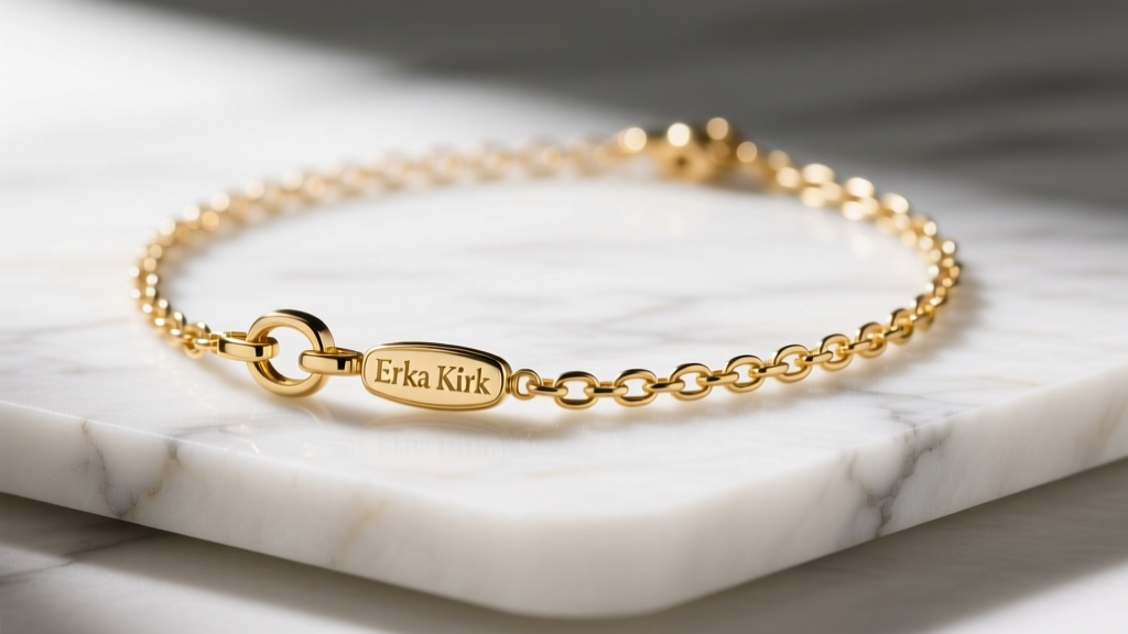 Close-up of a gold vermeil Erika Kirk necklace on marble, highlighting the clasp and chain links in soft, diffused natural light.