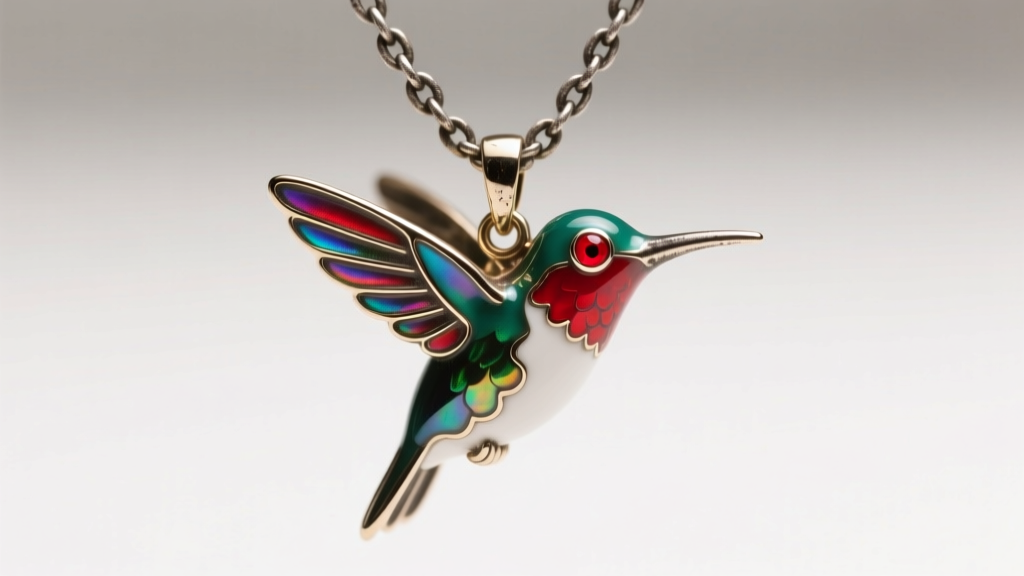 Vibrant enamel hummingbird pendant with ruby eyes on an oxidized silver chain, captured in bright macro studio lighting.