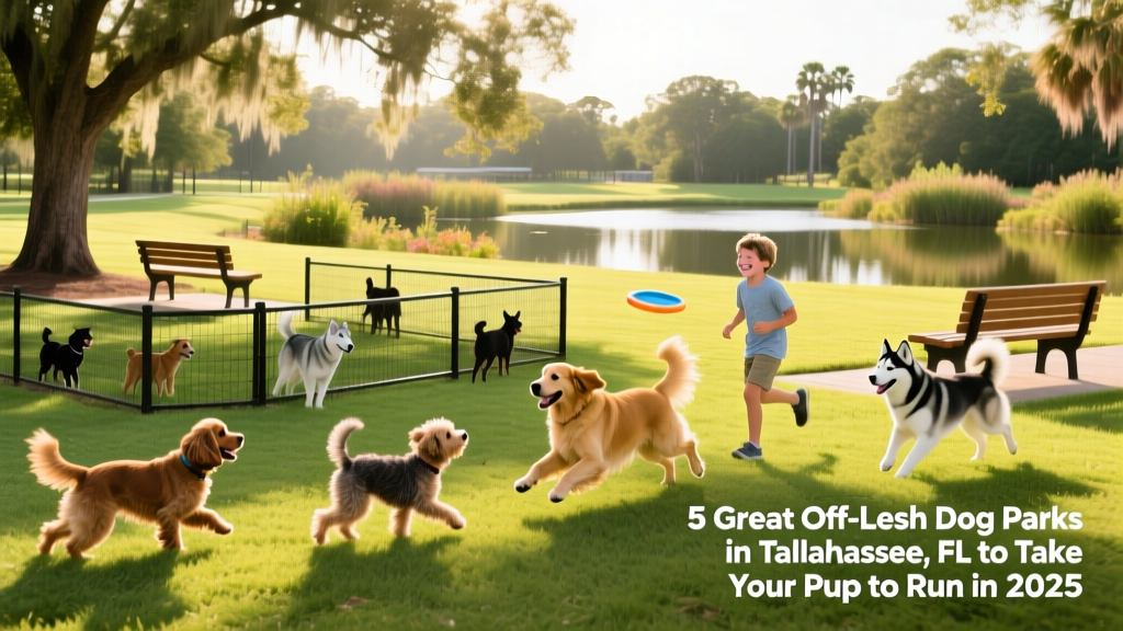 A sunny, grassy off-leash dog park with separate fenced areas for small and large dogs, featuring shaded benches and a pond in the distance