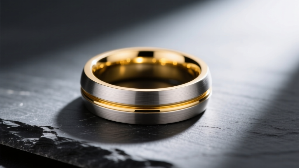 Macro photography of a mixed-metal tension ring featuring brushed titanium and polished 14k yellow gold, resting on dark slate