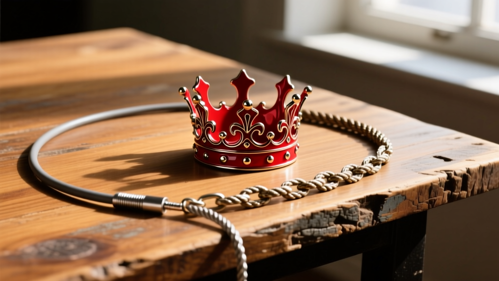 Flat lay of a 1.5mm cable, 2.5mm curb, and 4mm rope chain next to a red enamel cultist crown pendant on a rustic wood table.