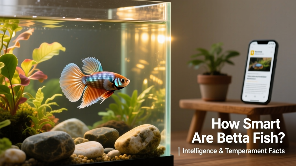 A serene betta fish resting among live aquatic plants and smooth river stones in a filtered aquarium