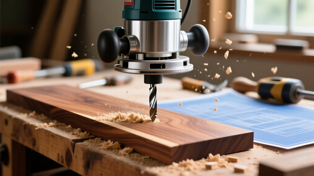 Close-up of a 3-horsepower plunge wood router with a carbide bit shaping the edge of a high-grade walnut board on a workbench
