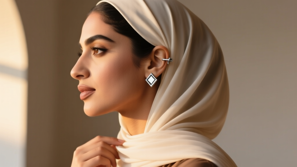 Side profile of a woman adjusting a jersey hijab, revealing a secure flat-back titanium cartilage stud, warm natural lighting