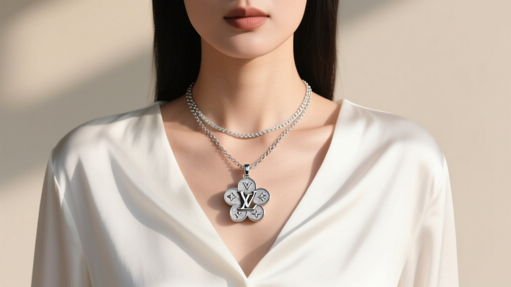 Woman in a white silk blouse wearing a 45cm silver LV Monogram Flower pendant layered with a delicate 40cm sterling silver chain.