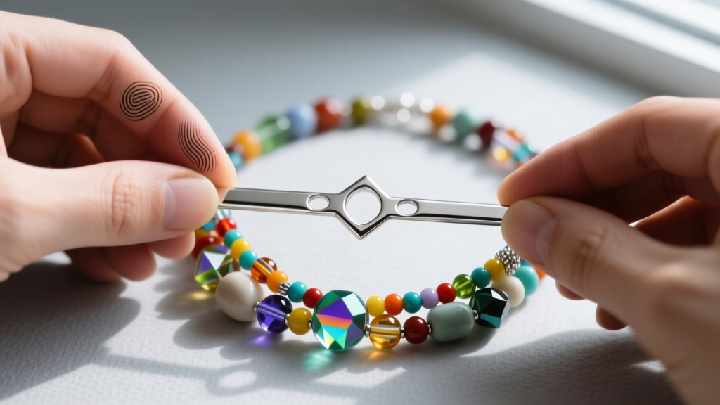 Close-up of a jeweler installing a 3-hole sterling silver spacer bar to separate strands of a multi-strand beaded funky necklace