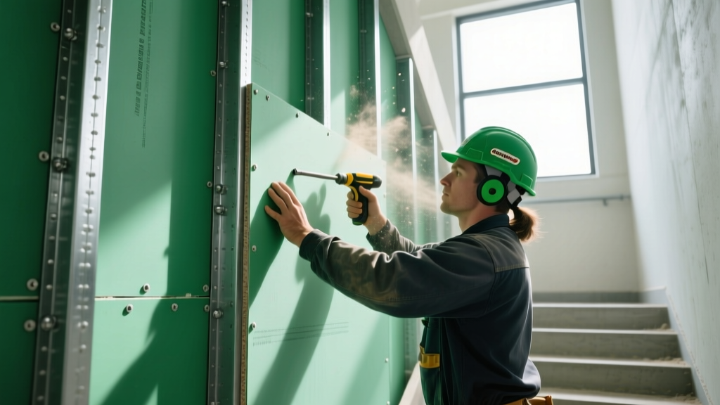 Contractor fastening green-faced 5/8-inch Gold Bond XP Fire-Shield gypsum board to steel studs in a commercial stairwell shaft