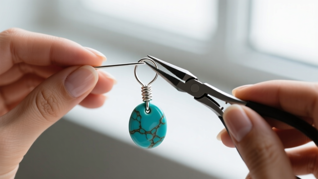 Hands using chain-nose pliers to form a wrapped wire loop on a silver headpin above a finished turquoise clay bead earring.